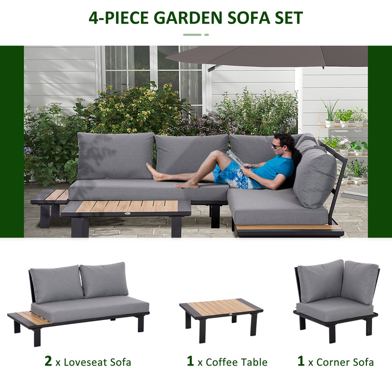 4 Pieces Aluminium Garden Furniture Set L Shape Sofa Set with Tables, Cushions for Indoor, Garden, Patio, Dark Grey