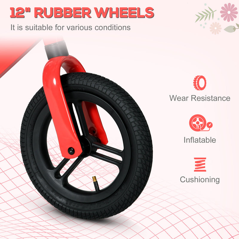 12" Kids Balance Bike, No Pedal Training Bike for Children with Adjustable Seat, 360° Rotation Handlebars - Red