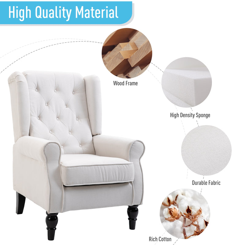 Wingback Accent Chair, Retro Upholstered Button Tufted Occasional Chair for Living Room and Bedroom, Cream White