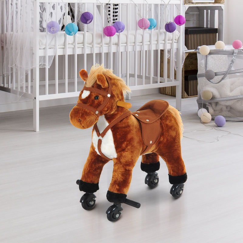 Rocking Horse Plush Kids Ride on Gift Wooden Action Pony Wheeled Walking Riding Little Baby Toy W/Sound-Brown