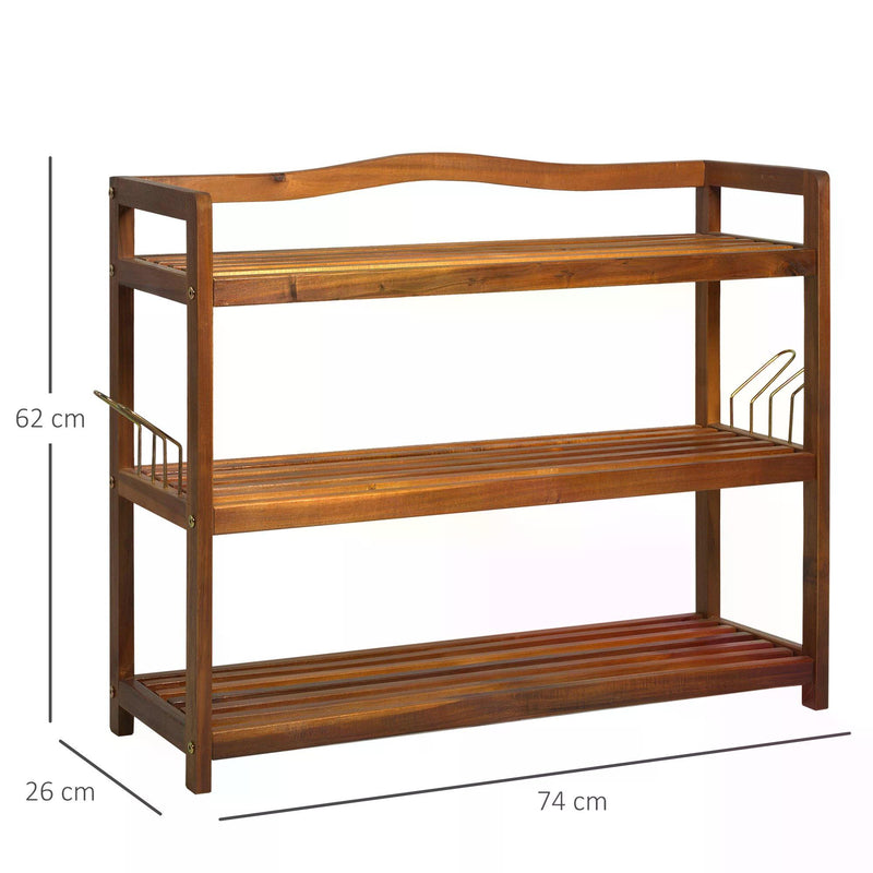 3-Tier Shoe Rack, Acacia Wooden Shoe Storage Organiser with 2 Hangers, Holds up to 12 Pairs, for Entryway, Living Room, 74 x 26 x 62 cm, Teak