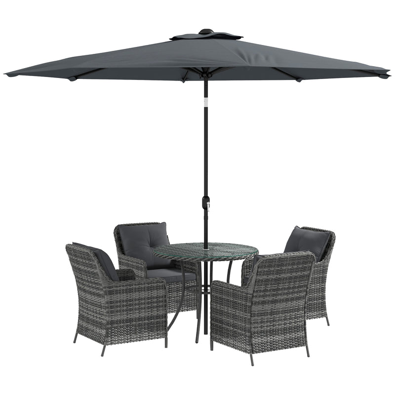 6 Pieces Garden Dining Set, 4 Seater Rattan Dining Set Outdoor with Umbrella, Cushions, Tempered Glass Top Table