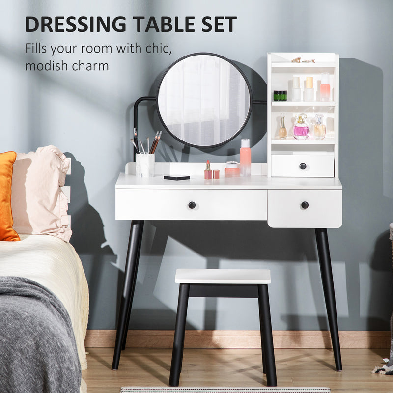 Dressing Table Set with Mirror and Stool, Vanity Makeup Table with 3 Drawers and Open Shelves for Bedroom, Living Room, White