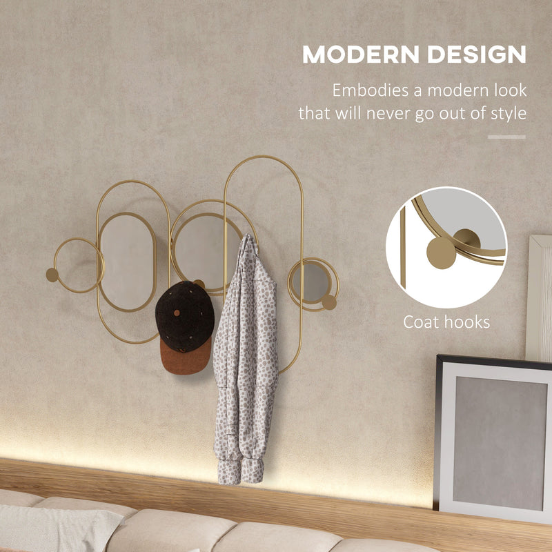 Metal Wall Mirror Decor with Coat Hooks, Modern Decorative Wall Art for Living Room Bedroom, Gold Tone