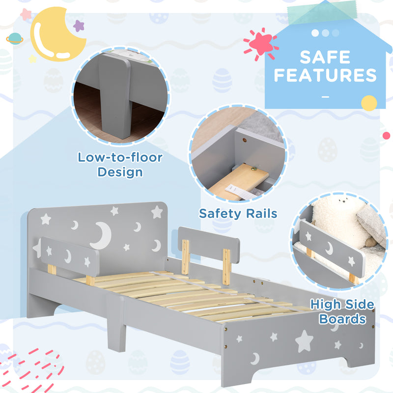 Kids Toddler Bed with Star & Moon Patterns, Safety Side Rails Slats, Kids Bedroom Furniture for 3-6 Years Old, Grey, 143 x 76 x 49 cm