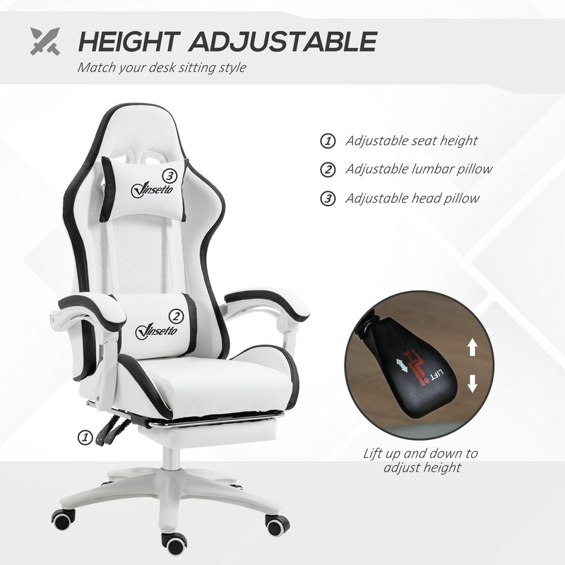 Racing Gaming Chair, Reclining PU Leather Computer Chair with 360 Degree Swivel Seat, Footrest, Removable Headrest White and Black