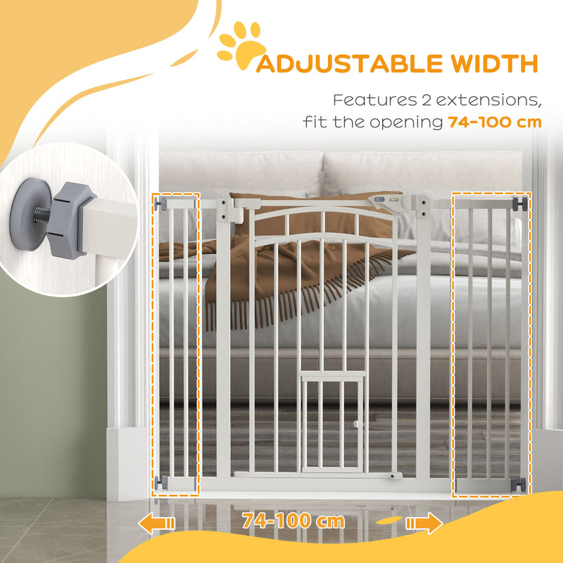 Pressure Fit Stair Dog Gate w/ Small Cat Door, Automatic Closing Door, Double Locking, for 74-100cm Openings - White