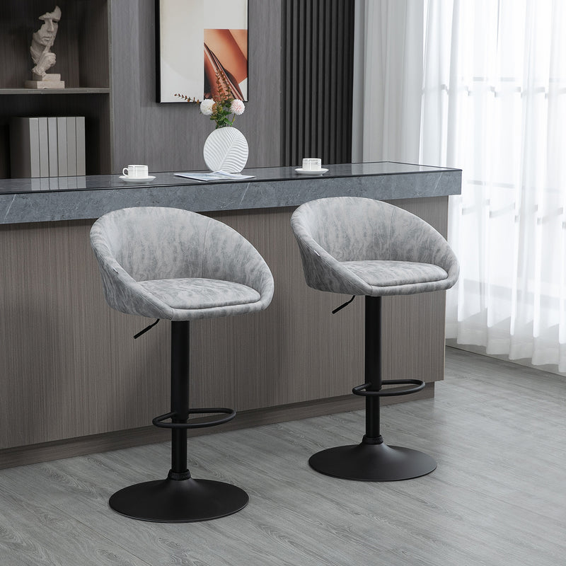 Modern Adjustable Bar Stools Set of 2, Swivel PU Leather Breakfast Barstools with Footrest Armrests Back, for Kitchen Counter Light Grey