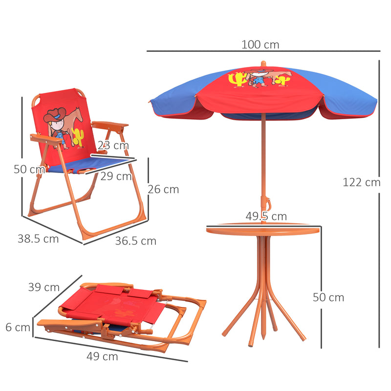 Kids Picnic Table and Chair Set Cowboy Themed Outdoor Garden Furniture w/ Foldable Chairs, Adjustable Parasol