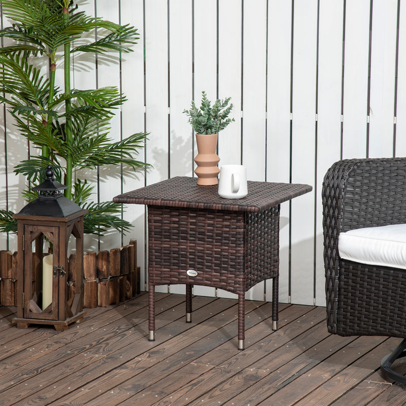 Outdoor Rattan Side Table Coffee Table with Plastic Board, Full Woven Table Top for Patio, Garden, Balcony, Mixed Brown