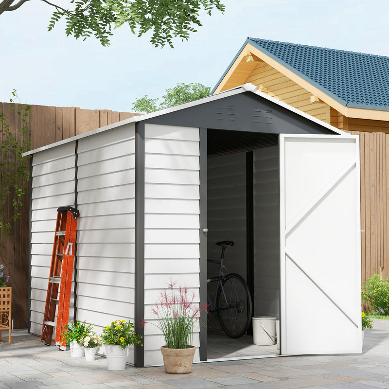 9x 6FT Metal Outdoor Garden Shed, Galvanised Tool Storage Shed w/ Sloped Roof, Lockable Door for Patio Lawn, Dark Grey