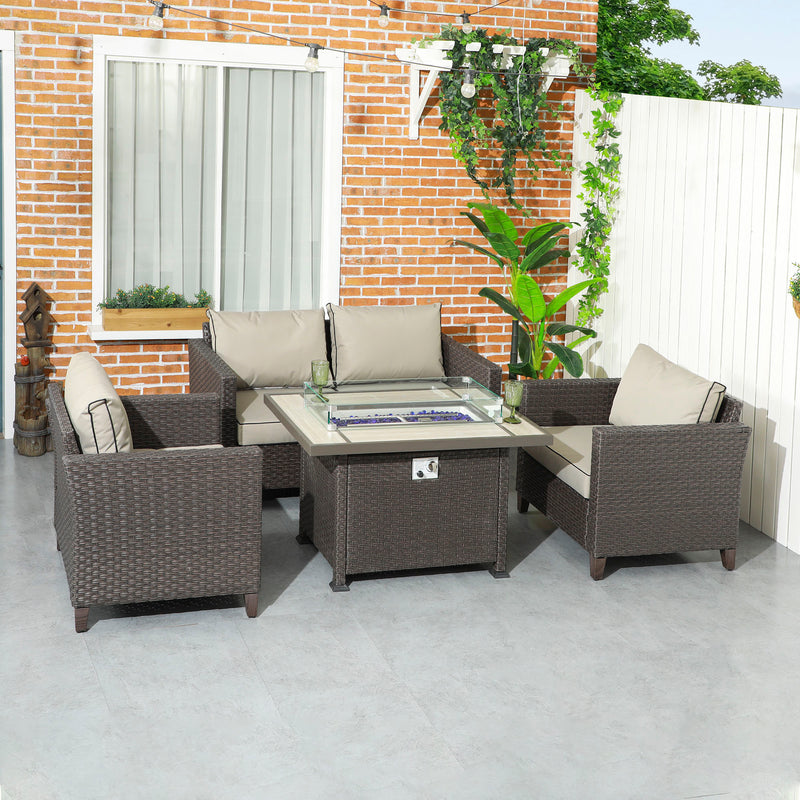 5-Piece Rattan Patio Furniture Set with Gas Fire Pit Table, Loveseat Sofa, Armchairs, Cushions, Pillows, Deep Brown