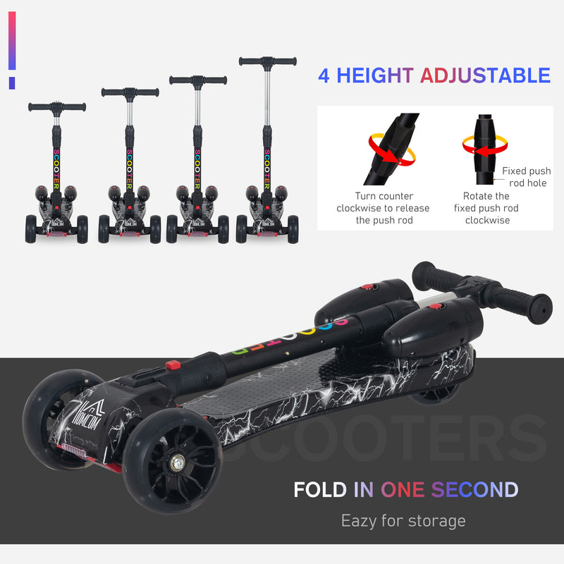 Kids 3 Wheel Scooter Adjustable Height w/ Flashing Wheels Music Water Spray Foldable Design Cool On Off Road Vehicle Black