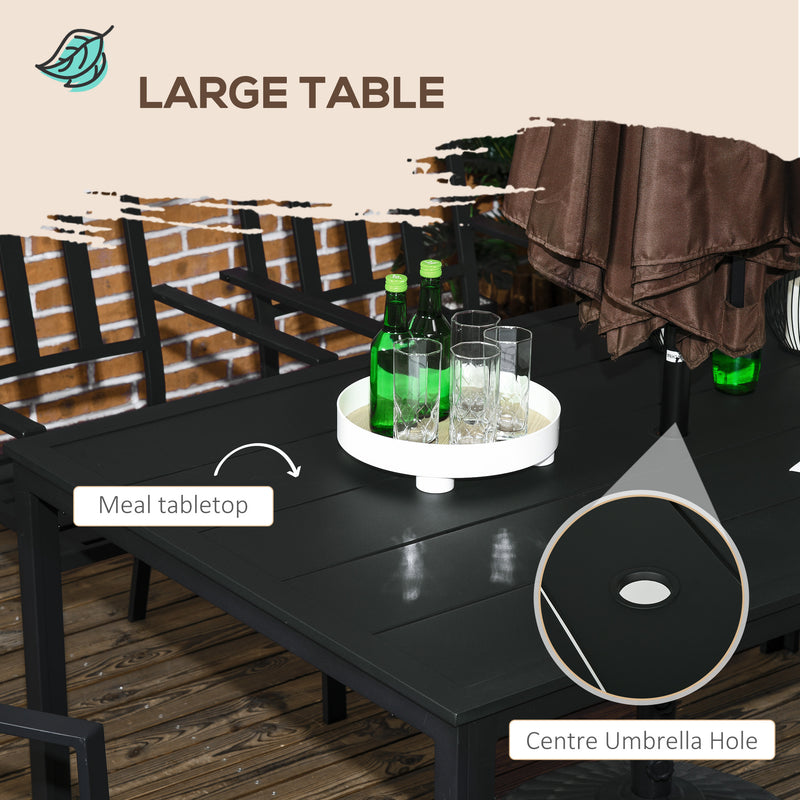 7 Pieces Garden Dining Set, Outdoor Table and 6 Stackable Chairs, Metal Top Table with Umbrella Hole, Black