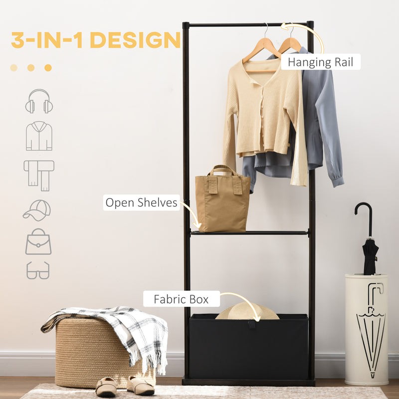 Clothes Rail, Bamboo Coat Stand, Garment Rack with Open Shelves and Fabric Storage Box for Bedroom, Hallway, Dark Walnut