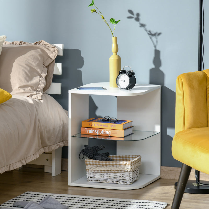 Modern Side Table Three Layer Bedside Table Nightstand with 2 Storage Shelves, for Living room, Bedroom, White