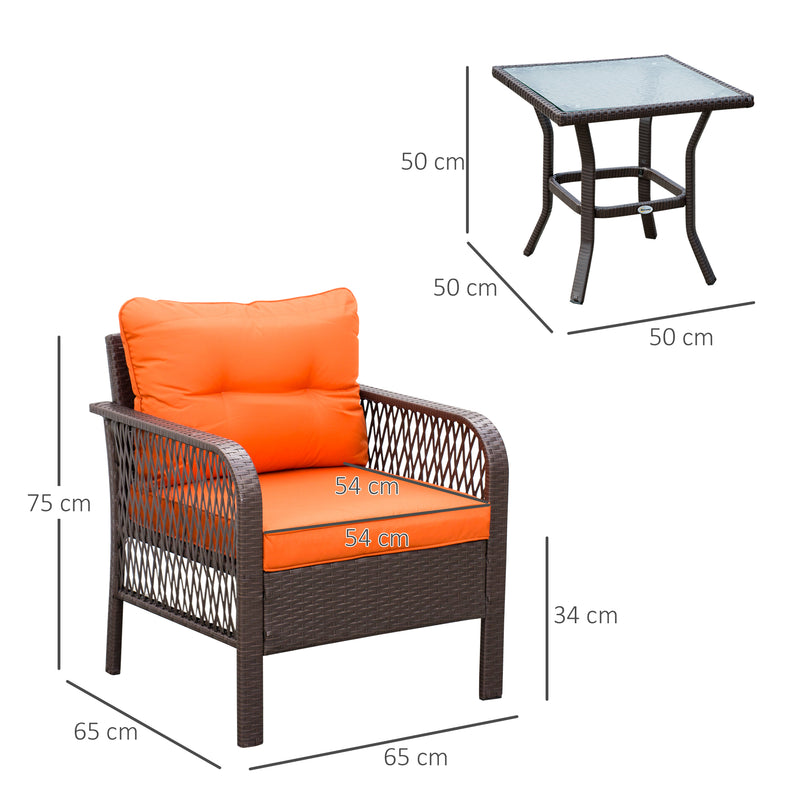 3 Pieces Patio PE Rattan Bistro Set, Outdoor Wicker Coffee Table Armrest Chairs Thick Padded Conversation Furniture for Garden Orange
