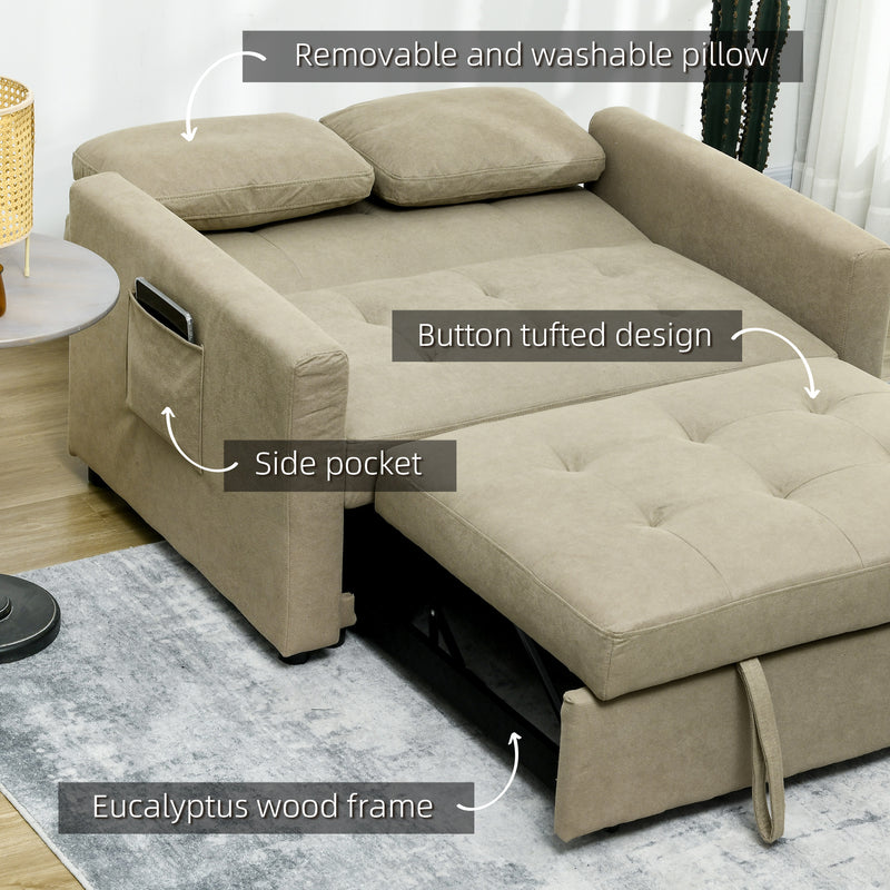 Loveseat Sofa Bed, Convertible Bed Settee with 2 Cushions, Side Pockets for Living Room, Light Brown