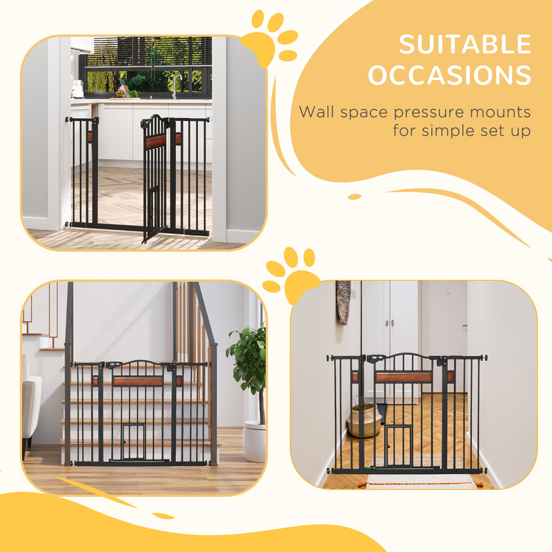 Dog Gate with Cat Flap Pet Safety Gate, Auto Close Double Locking Pine Wood Decoration, for Doorways Stairs Indoor, 74-105 cm Wide, Black