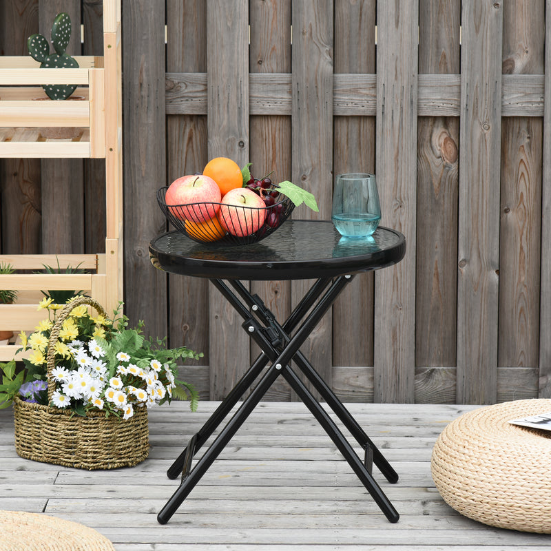 Foldable Garden Table, Round Folding Table with Glass Tabletop and Safety Buckle for Patio, Garden, Outdoor, Indoor, Black