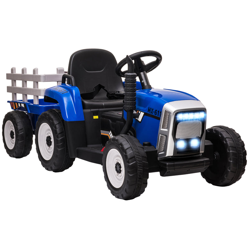 Electric Ride on Tractor w/ Detachable Trailer, 12V Kids Battery Powered Electric Car w/ Remote Control, Music Start up Sound, Blue