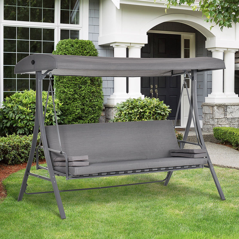 Outdoor 2-in-1 Patio Swing Chair Lounger 3 Seater Garden Bench Hammock Bed Adjustable Canopy W/ Cushion, Pillow, Grey