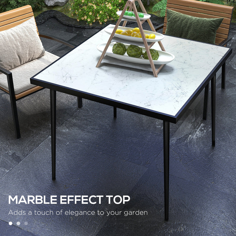 Square Garden Table, Outdoor Dining Table for 4 with Marble Effect Tempered Glass Top and Steel Frame for Patio, White