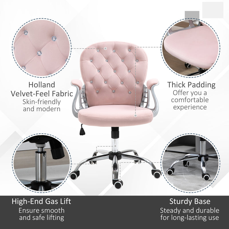 Office Chair Ergonomic 360° Swivel Diamond Tufted Home Work Velour Padded Base 5 Castor Wheels Pink