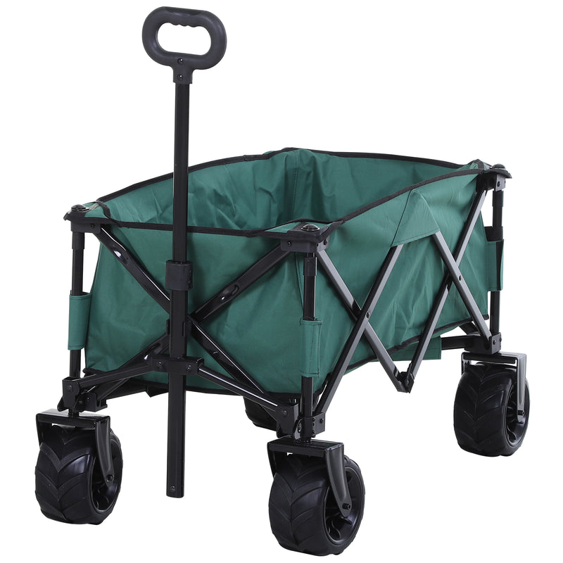 Outdoor Pull Along Cart Folding Cargo Wagon Trailer Trolley for Beach Garden Use with Telescopic Handle, Anti-Slip Wheel - Green