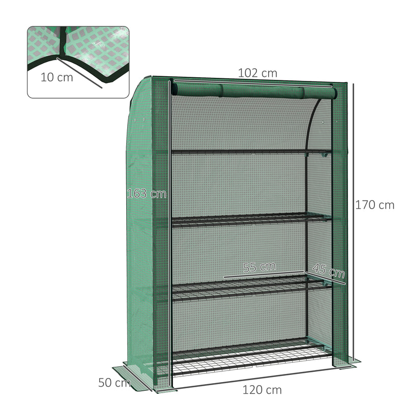 4 Tier Mini Greenhouse with Reinforced PE Cover, Portable Green House w/ Roll-up Door and Wire Shelves, 170H x 120W x 50Dcm, Green
