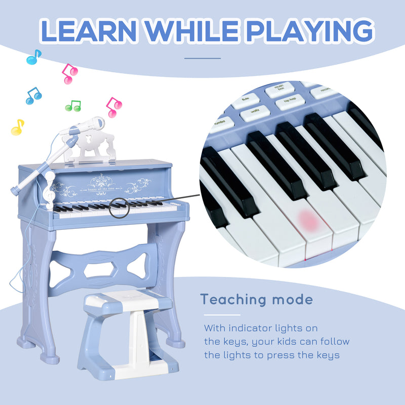 37 Keys Mini Electronic Keyboard Light Kids Musical Instrument Educational Game Children Grand Piano Toy Set w/Stool & Microphone & Music Blue