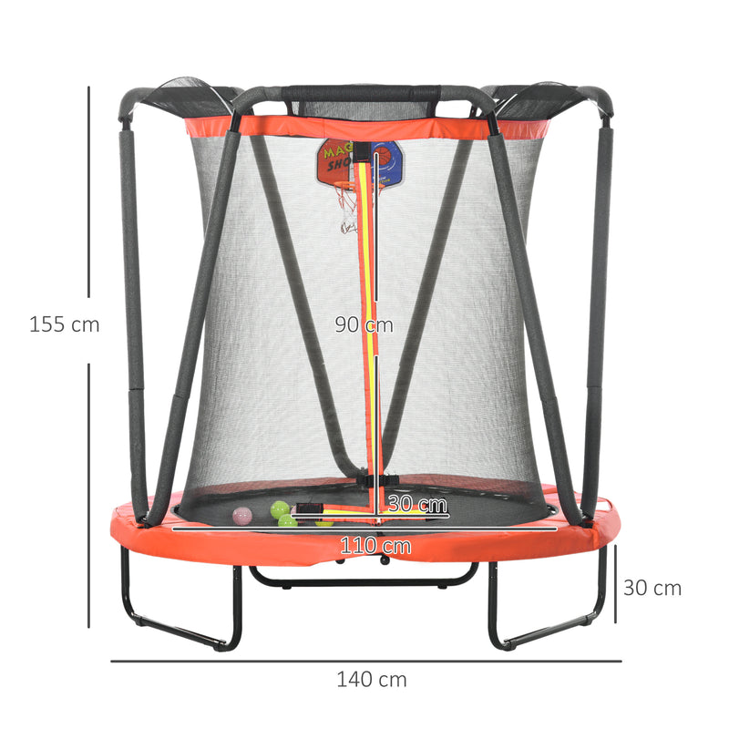 4.6FT Kids Trampoline with Enclosure, Basketball, Sea Balls, Hoop, for Ages 3-10 Years - Red