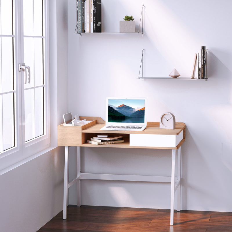 Computer Writing Desk Workstation with Drawer, Storage Compartments, Cable Management, Laptop Table Metal Frame Oak and White