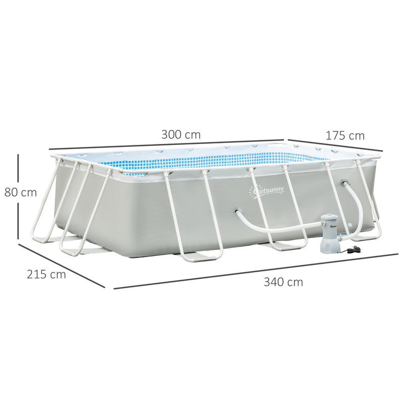 Steel Frame Pool with Filter Pump, Outdoor Rectangular Frame Above Ground Swimming Pool, 340 x 215 x 80 cm, Light Grey