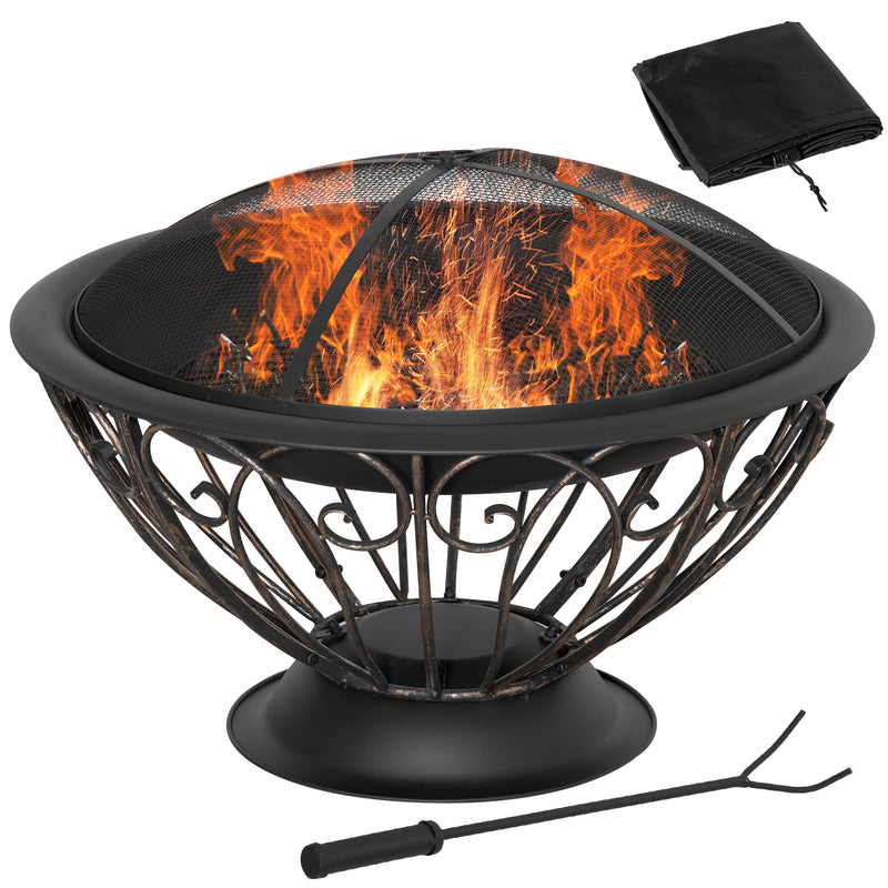 Outdoor Fire Pit for Garden, Metal Fire Bowl Fireplace with Spark Screen, Poker, Log Grate and Rainproof Cover, Patio Heater, Bronze