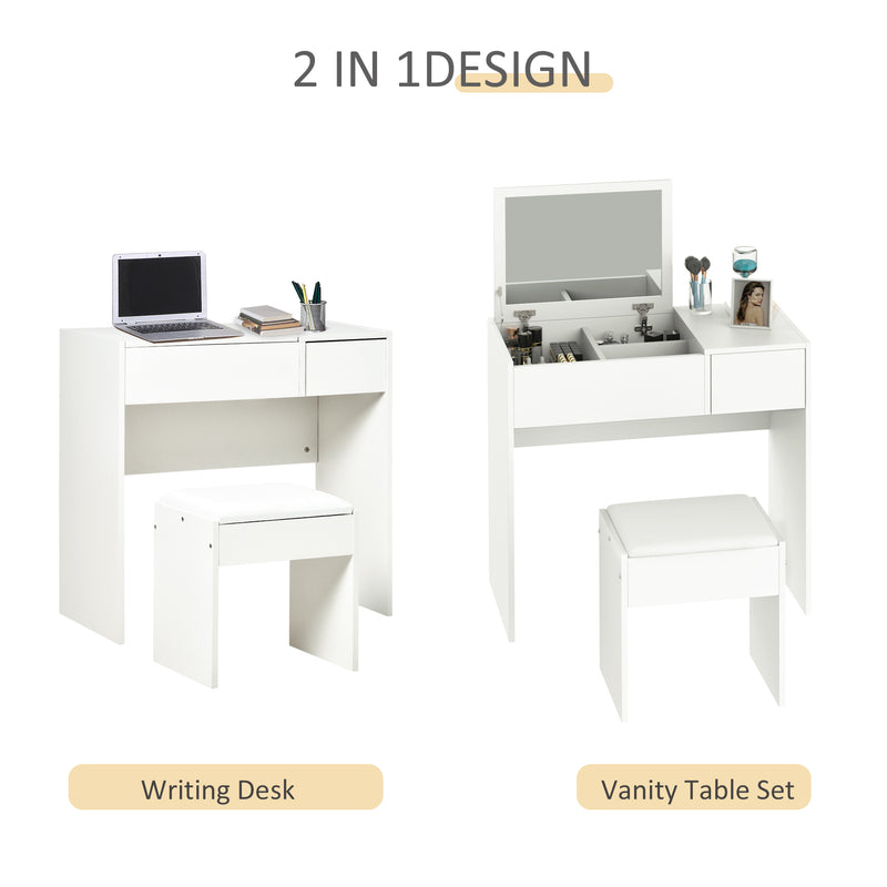 Makeup Desk with Drawer, Vanity Table Set with Flip-up Mirror and Cushioned Stool, White