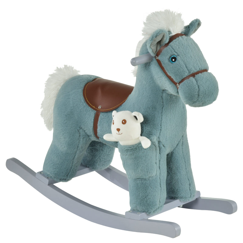 Baby Wooden Rocking Horse with Plush Toy Realistic Sounds, Kids Plush Ride-On Rocking Horse Toy for Child 18-36 Months, Blue