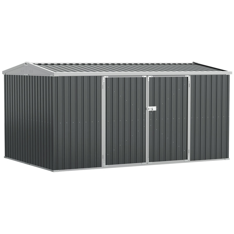 14 x 9 ft Lockable Garden Shed Large Patio Roofed Tool Metal Storage Building Foundation Sheds Box Outdoor Furniture, Grey