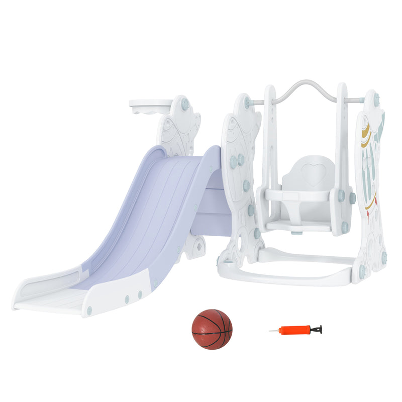 Space-Themed Kids Slide and Swing Set, with Basketball Hoop