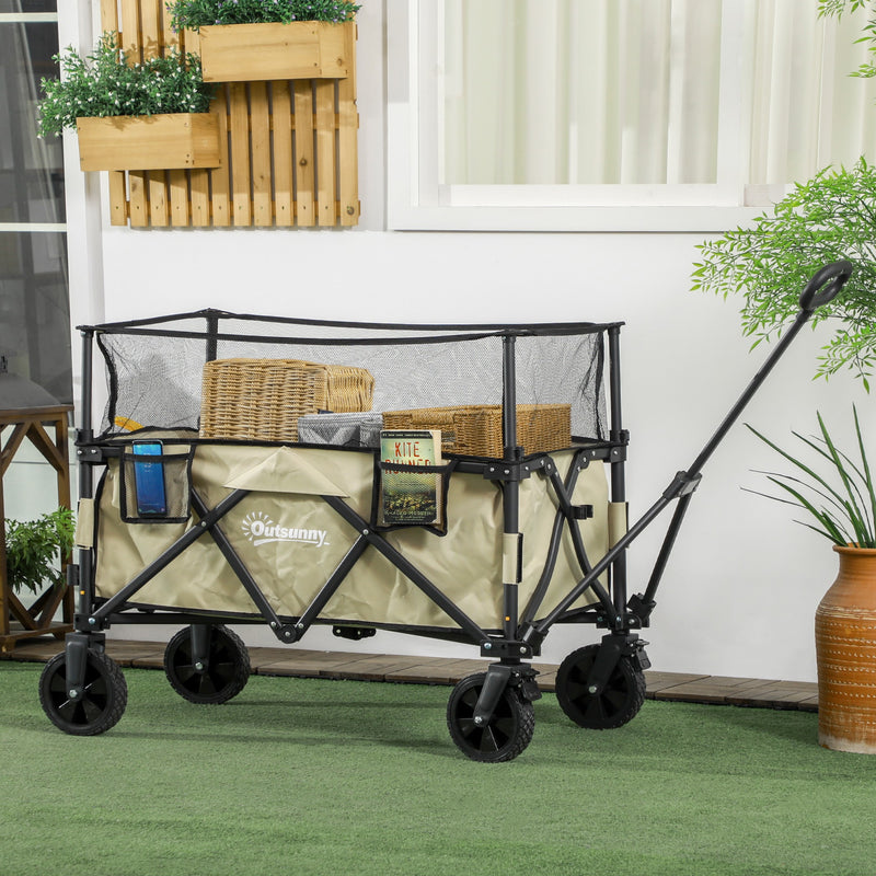 Folding Garden Trolley, 180L Wagon Cart with Extendable Side Walls, for Beach, Camping, Festival, Khaki