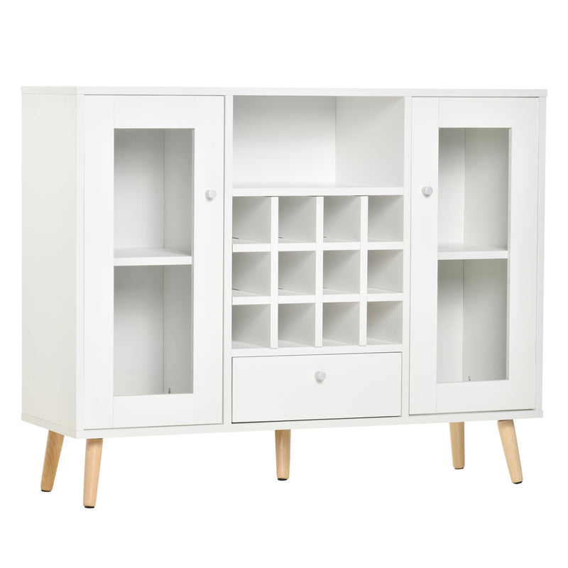 Modern Sideboard Storage Cabinet Kitchen Cupboard Dining Bar Server with Glass Doors, Drawer & 12-Bottle Wine Rack for Living Room, White