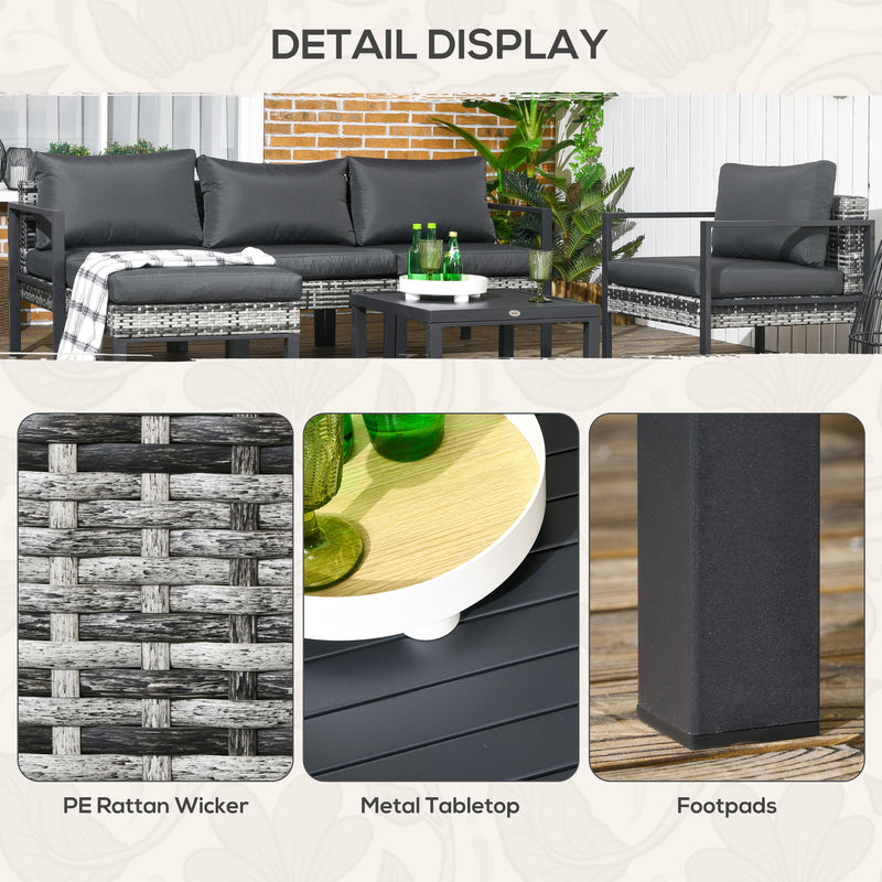 6 Pieces Patio Furniture Set with Sofa, Armchair, Stool, Metal Table, Cushions, for Outdoor, Charcoal Grey
