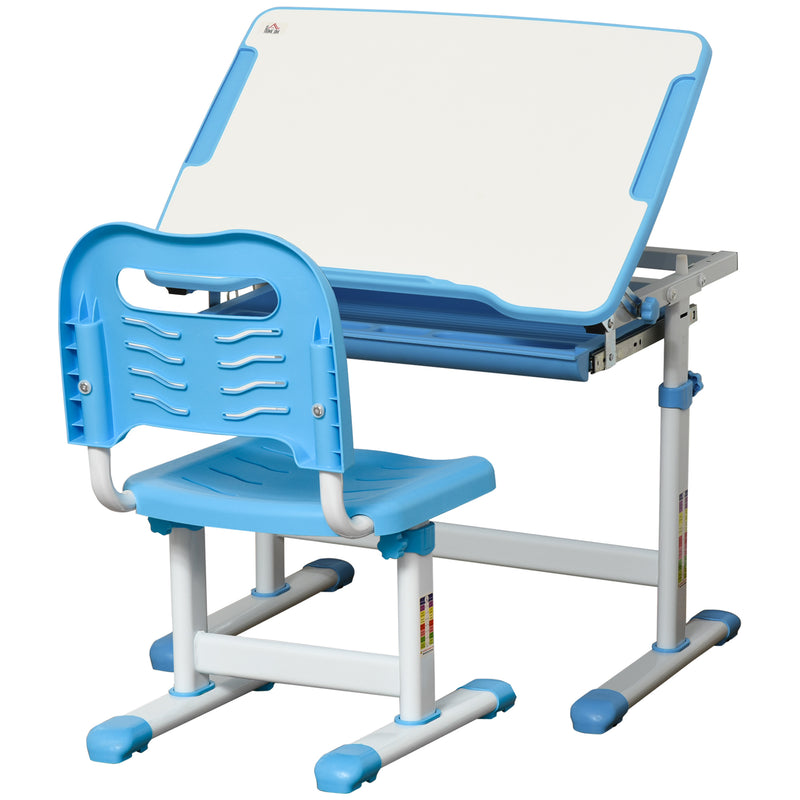 Kids Desk and Chair Set Height Adjustable Student Writing Desk Children School Study Table with Tiltable Desktop, Drawer, Pen Slot, Hook Blue