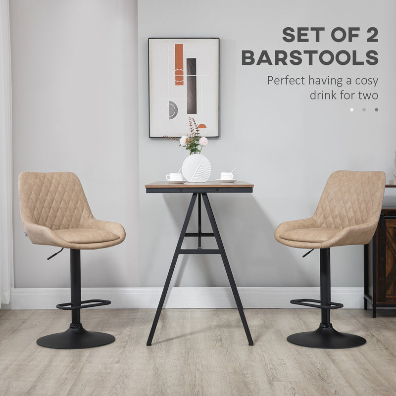 Retro Bar Stools Set of 2, Adjustable Kitchen Stool, Upholstered Bar Chairs with Back, Swivel Seat, Light Khaki
