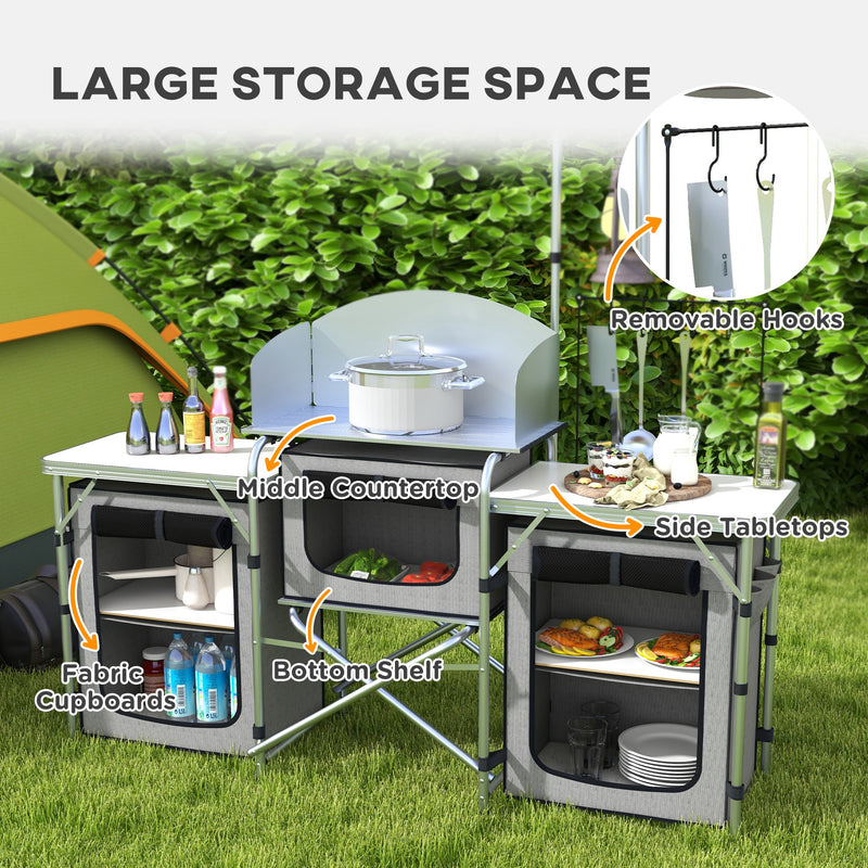 Folding Camping Kitchen, Portable Aluminium Camping Table with 3 Fabric Cupboards, Windshield, Light Stand, Carrying Bag for BBQ, RV, Picnic, Grey