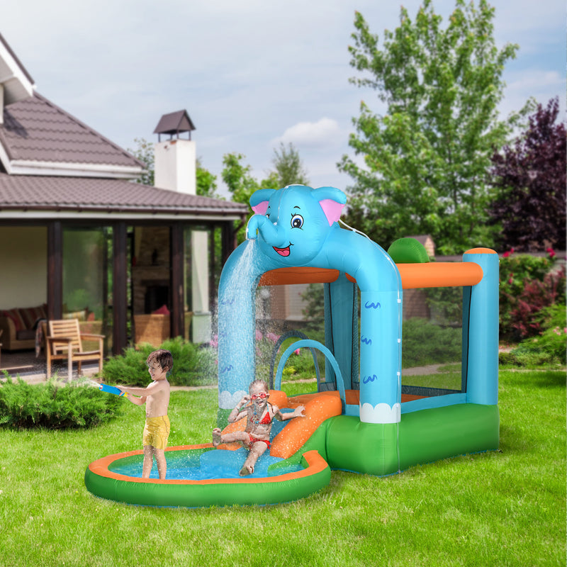 4 in 1 Elephant-Themed Inflatable Water Park, Kids Bouncy Castle, for Ages 3-8 Years - Multicoloured