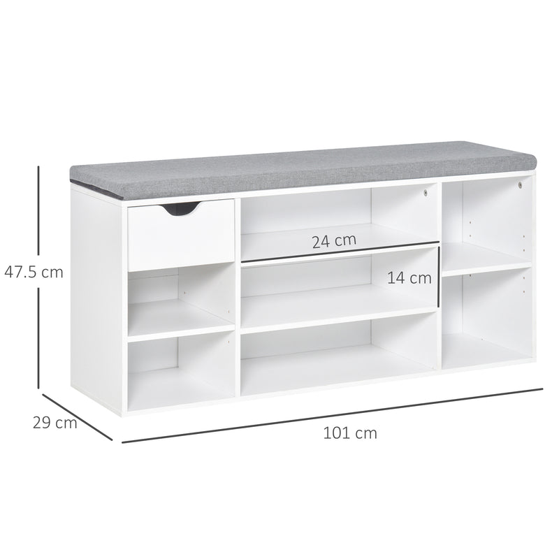 Shoe Bench with Seat Cushion Shoe Storage Cabinet with 7 Compartments Drawer Adjustable Shelves for Entryway Hallway Living Room White and Grey