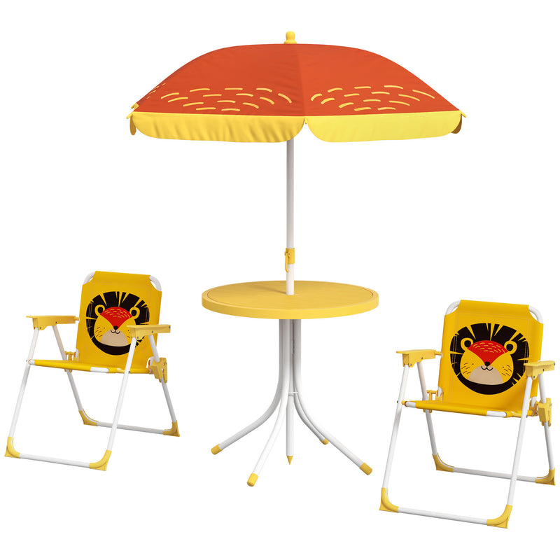 Kids Picnic Table and Chair Set Lion Themed Outdoor Garden Furniture w/ Foldable Chairs, Adjustable Parasol - Yellow