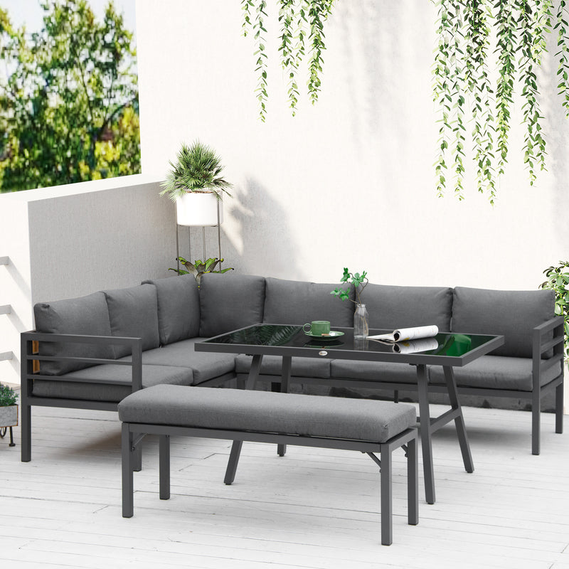 4 Piece L-shaped Garden Furniture Set 8-Seater Aluminium Outdoor Dining Set Conversation Sofa Set w/ Bench, Dining Table & Cushions, Grey