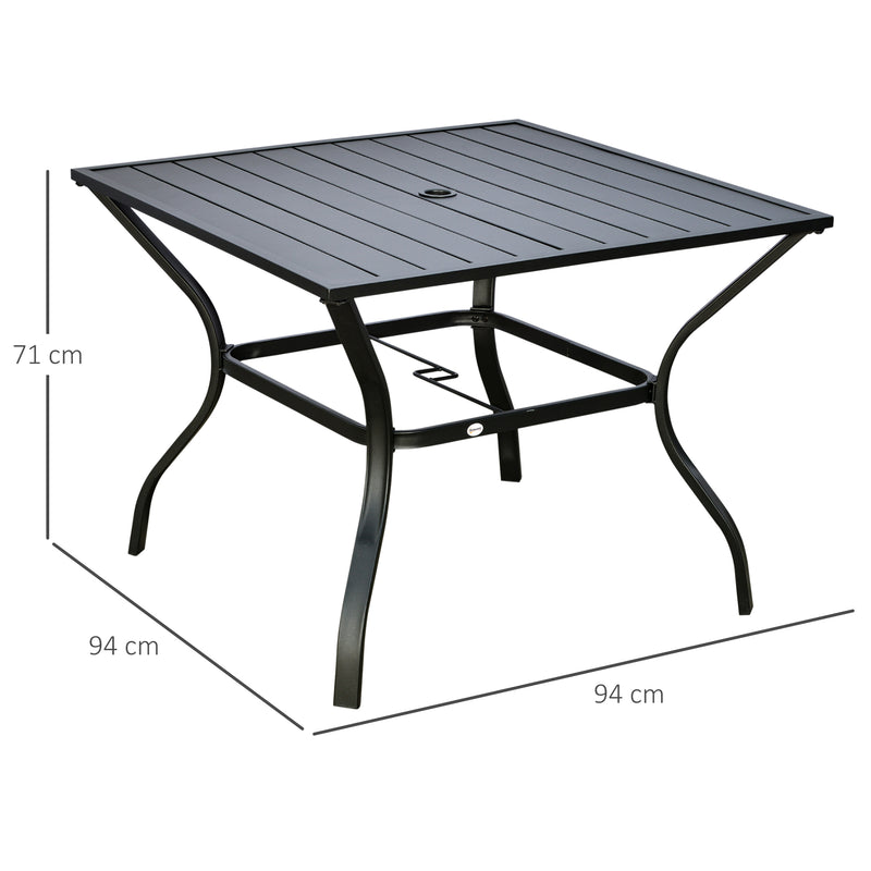 Garden Table with Parasol Hole, Outdoor Dining Garden Table for Four, Square Patio Table with Slatted Metal Plate Top, Black